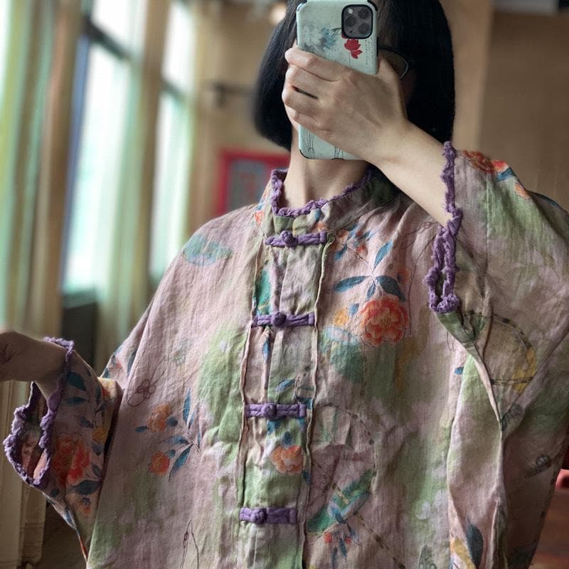 Johnature Summer Woman Chinese Style Vintage Washing Linen Shirt Flower Print Loose Retro O-Neck Long Sleeves Shirt One Size light pink