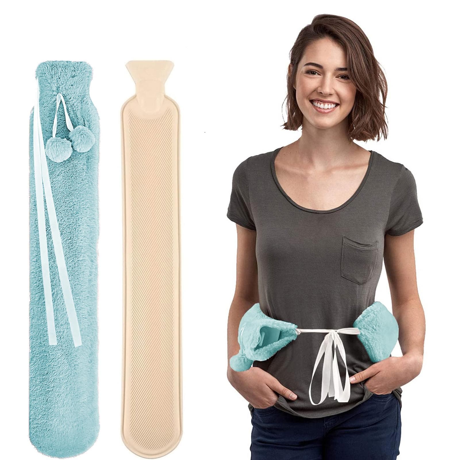 Long Hot Water Bag with Plush Cover 2L Large Capacity Rubber Hot Water Bottle Hand Feet Warmer for cyan