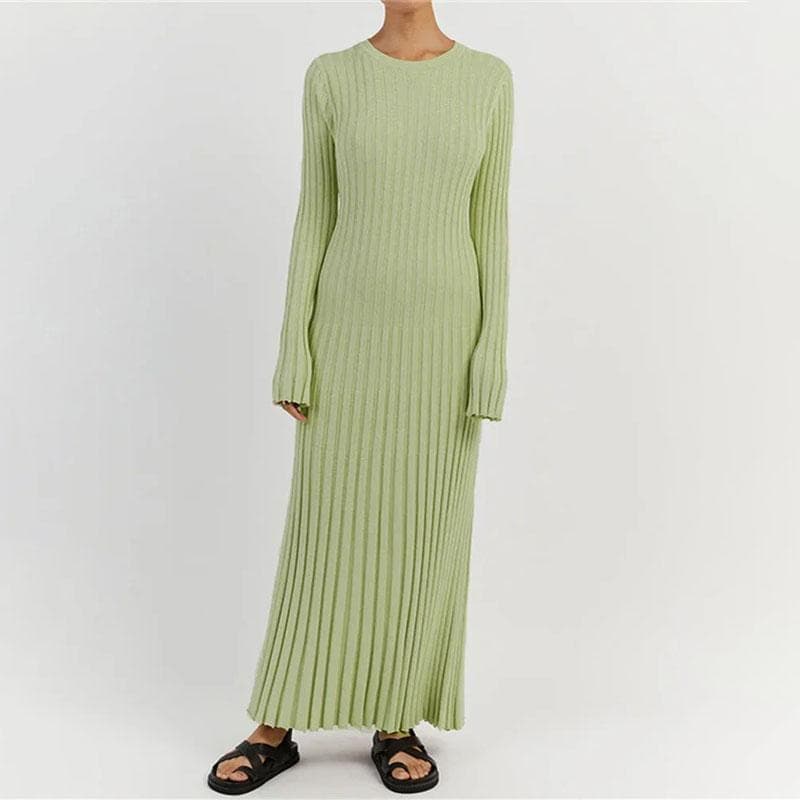 Lace-Up Female Knit Maxi Dress Autumn High Waist Fashion Patchwork Long Sleeve Loose Solid Dress Bandage Knitwear Dress M green
