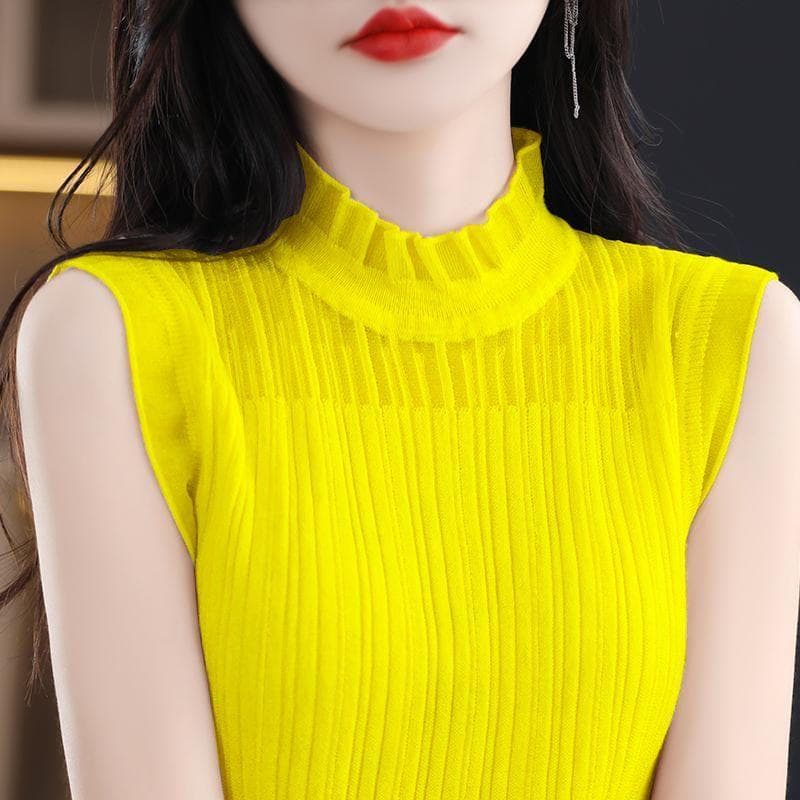 Chic Top Ice Silk Knitted Shirt Spring/Summer Sleeveless Tank Top Half High Collar Lace Bottom Shirt Women's Interior 2XL