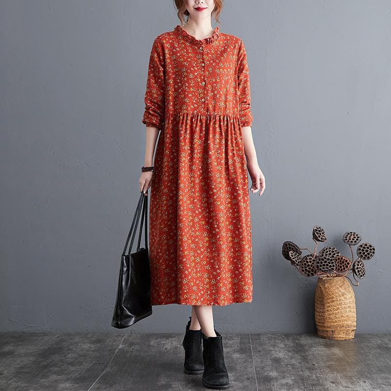 Spring and Autumn Retro Literary Cotton and Linen Loose Large Size Floral Long Dress M orange