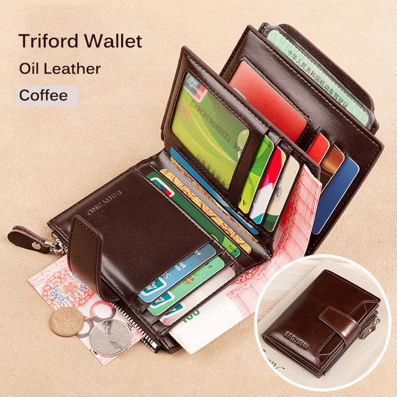 Men's Genuine Leather RFID Blocking Trifold Wallet Short Vintage Multi function Credit Card Holder Coin Zipper Pocket coffee