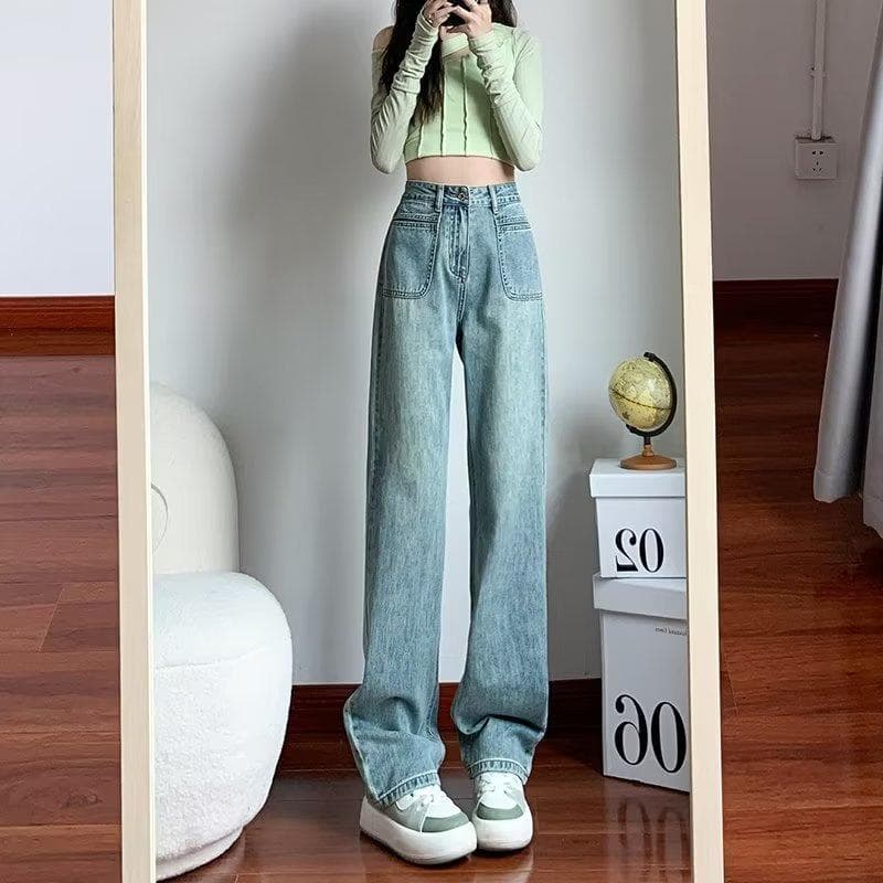 Retro Wide-leg Jeans for Women In Spring and Autumn New High-waist Loose Narrow Version Straight-down Drape Floor Pants XL
