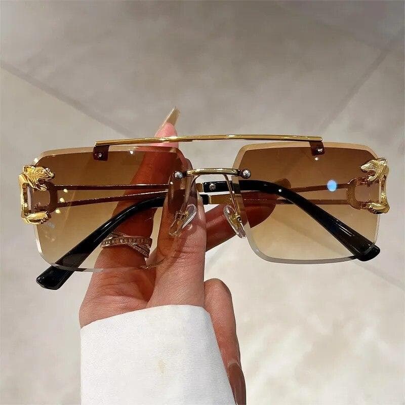 Vintage Rimless Sunglasses Men Women Fashion Oversized Square Shades Eyewear New Double Bridge Gradient UV400 Sun Glasses golden brown