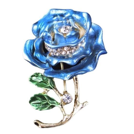 Rose Flower Brooch Green Leaves Rhinestone Oil-Dripping Vintage Sparkling Gift Elegant Business Suit blue