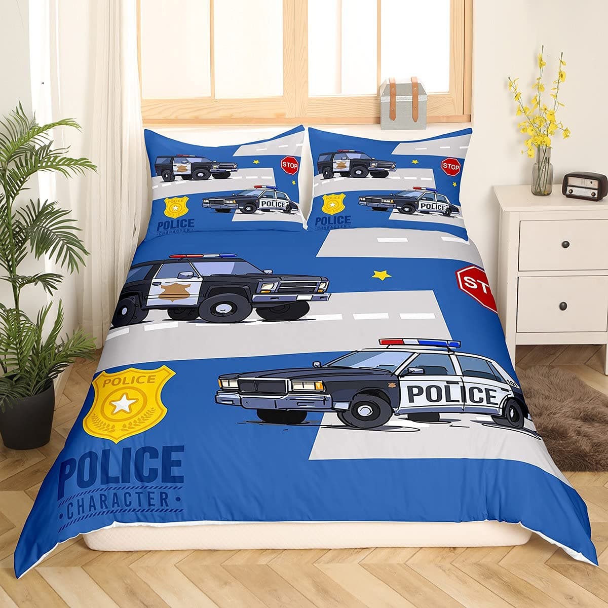 Policeman Car King Queen Duvet Cover Cartoon Black Police Car Bedding Set Boys Red Blue Cop Lights 2/3pcs Polyester Quilt Cover 70x133cm 2pcs