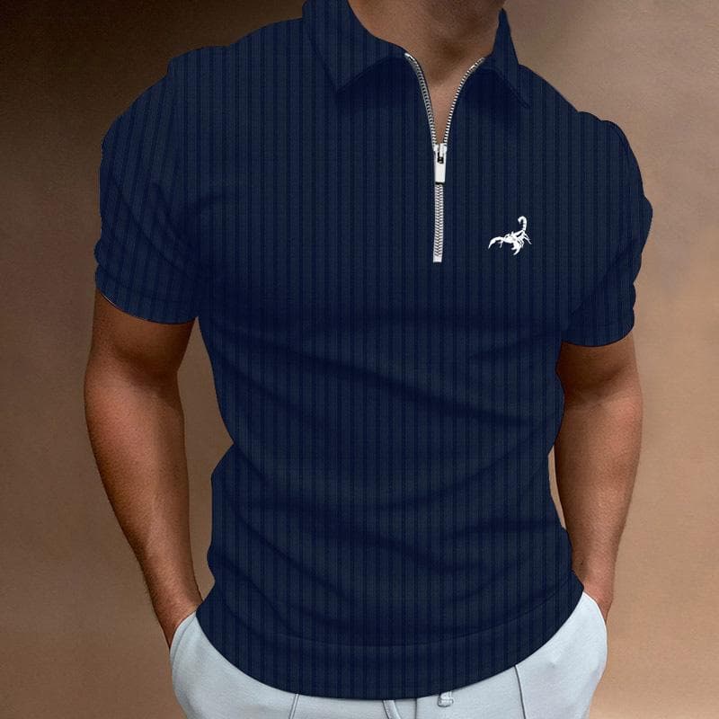Men Clothes Summer Fashion Short Sleeve Sport Stripe Zipper Polo Shirt . S navy blue