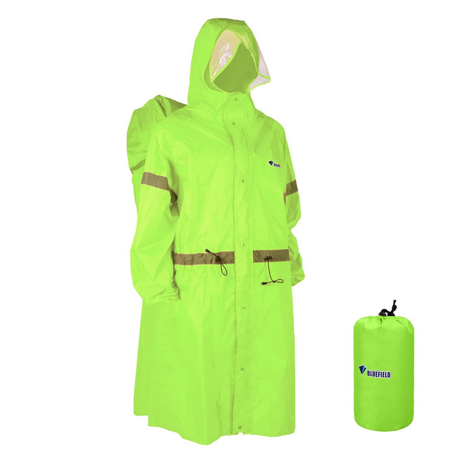 Hooded Rain Poncho for Adults High-visibility Reflective Waterproof Raincoat Jacket with Backpack L green