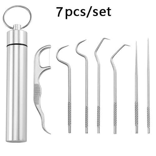 Stainless Steel Toothpick Set Tooth Flossing Reusable Toothpicks Portable Toothpick Floss Teeth Cleaner Oral Cleaning 7pcs (with box)