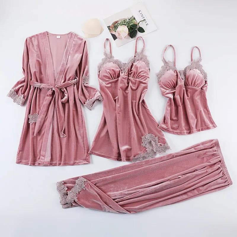 Soft Velvet 4Pcs Pajamas Home Wear Nightwear Women Sexy Lace Flower Nightgown Sleep Suit Lady Elegant Kimono Nightie Pants Suit 2XL