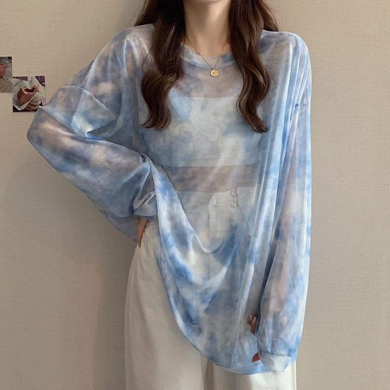 summer perspective tie dyed mesh sunscreen top for women's thin ice silk long sleeved T shirt cover up women Beach T-shirts L blue