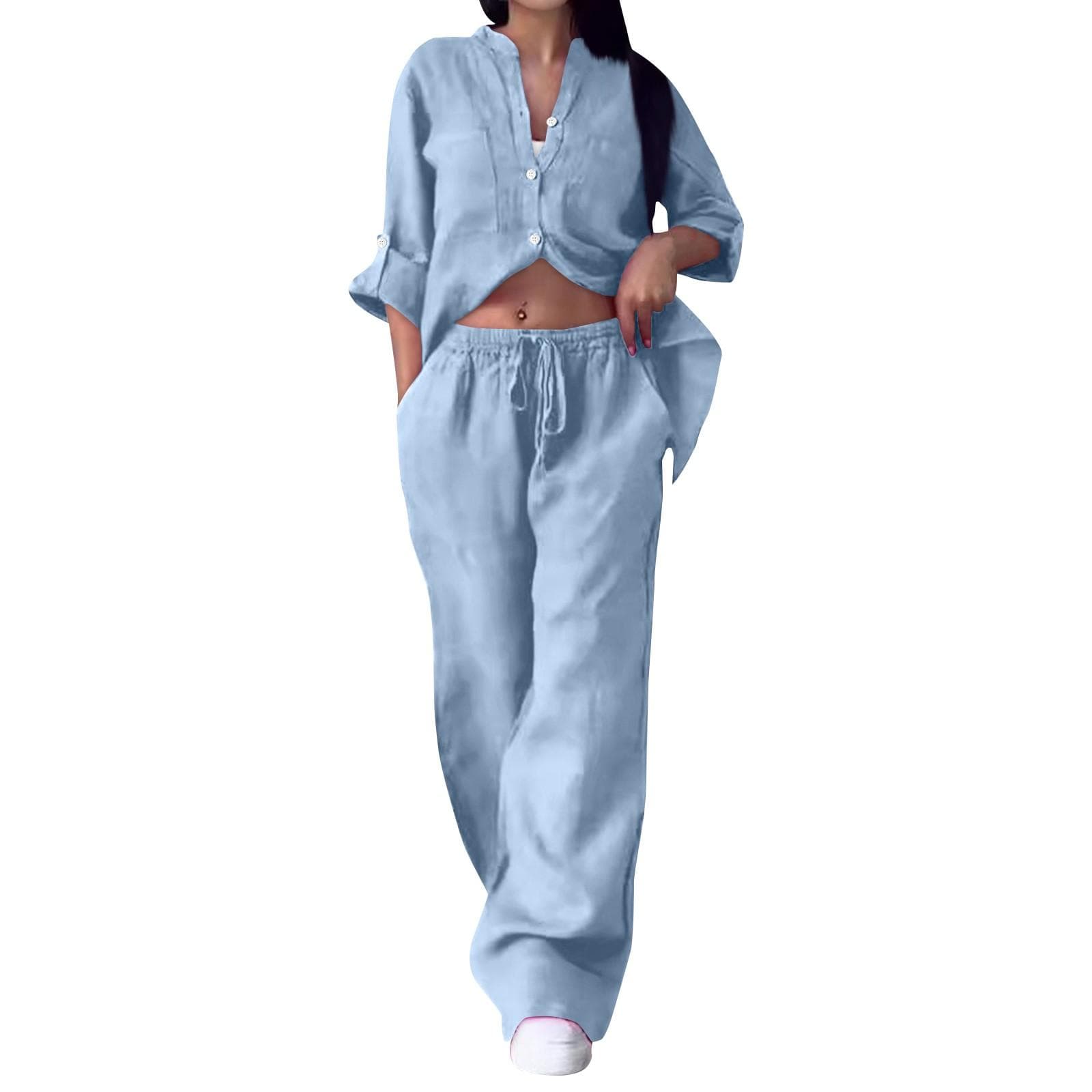 Women's 2-piece Casual Cotton And Linen Solid Color Shirt And Drawstring Wide Leg Pants Set M blue