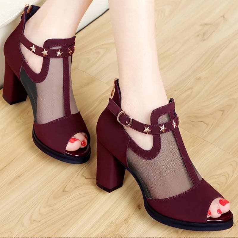 Summer Women Sandals Fashion Fish Head Mesh Sandals Summer Casual Wedge Heel Open Toe Sandals 35 burgundy
