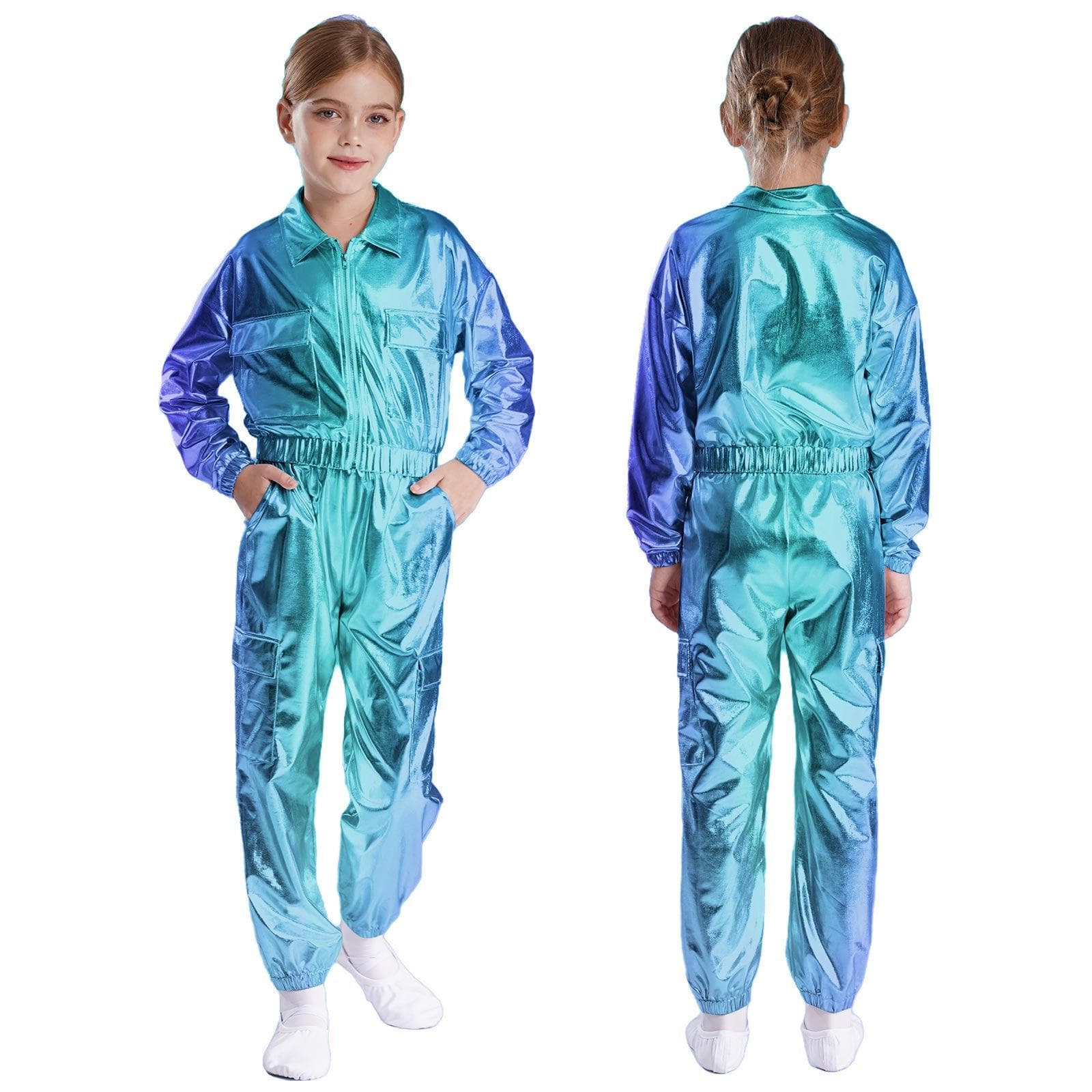 Kids Boys Girls Jazz Hip-Hop Street Dance Performance Costume Metallic Shiny Long Sleeve Athletic Jacket Coat with Pants Outfits