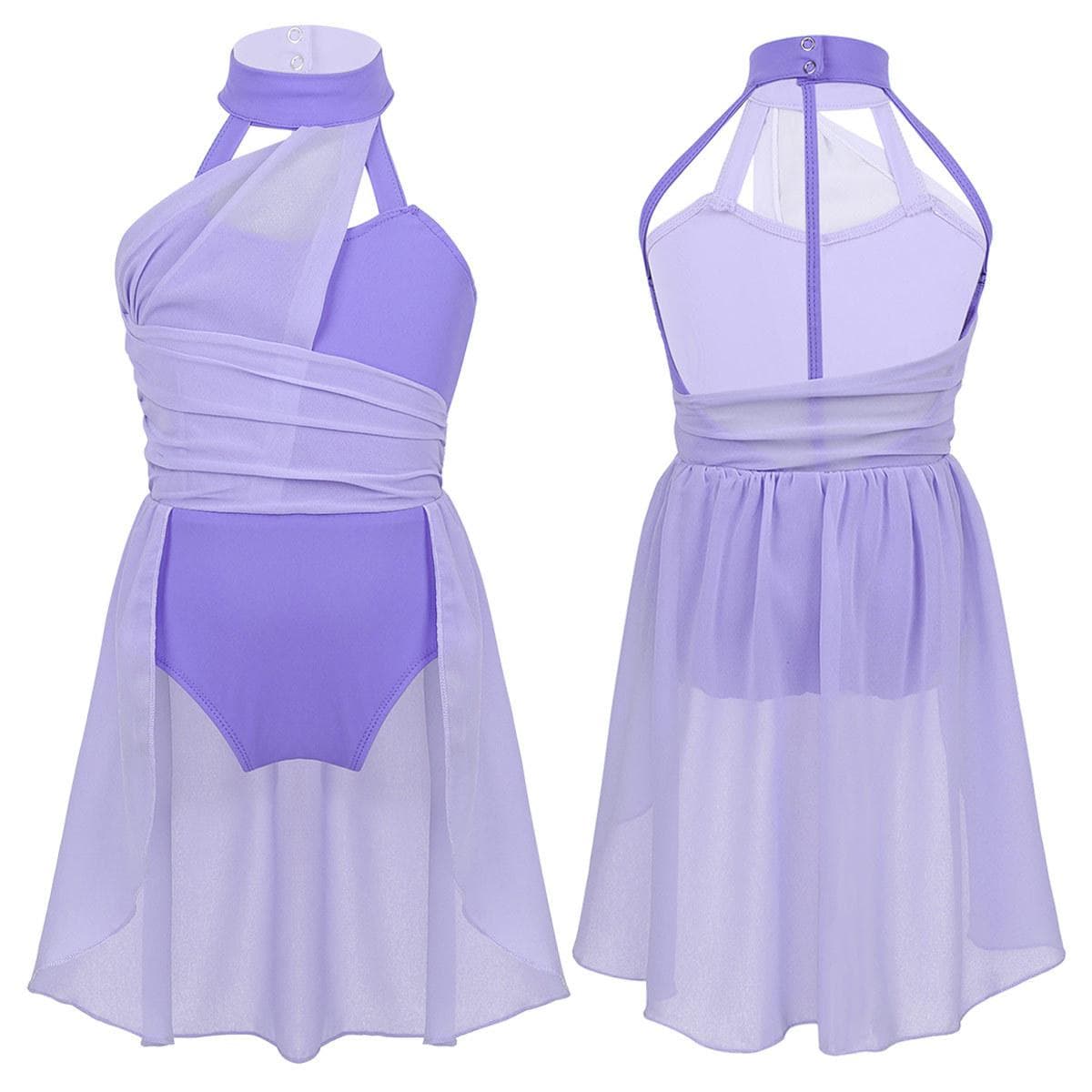 Kids Girls Sleeveless Ruched Chiffon Bodice Caged Back Leotard Dress for Lyrical Contemporary Dance 10-12 Years lavender