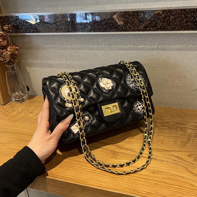 Women's Leather Bag Fashion Badge Chain Small Square Bag High-end Small Fragrance Style Shoulder Bag black