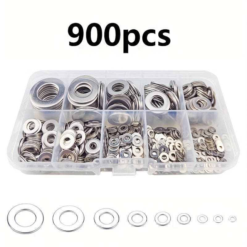 304 Stainless Steel Flat Washers Assortment Box (900 pcs, M2-M12, O-Type)