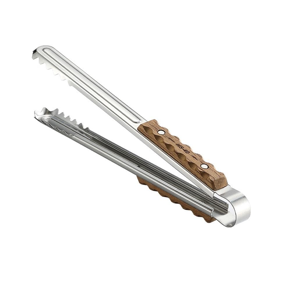 Outdoor Cooking Clip Stainless Steel Foods Tongs Barbecue Wood Handle Steak Clamp Travelling Picnic silver