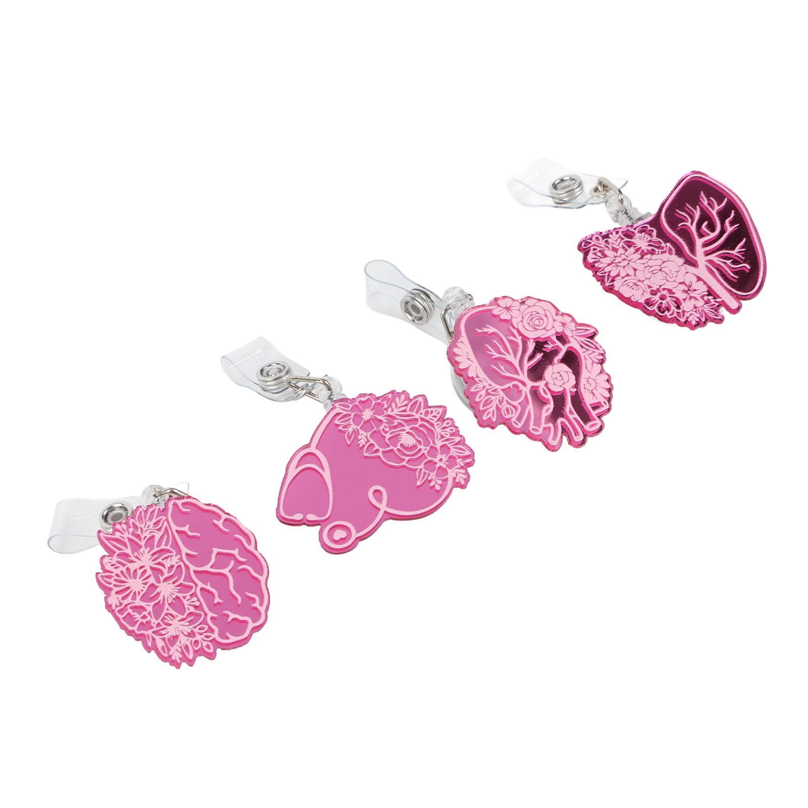 4pcs Retractable Badge Reel Acrylic Mirror Surface Organ Flower Pattern Innovative Decorative ID