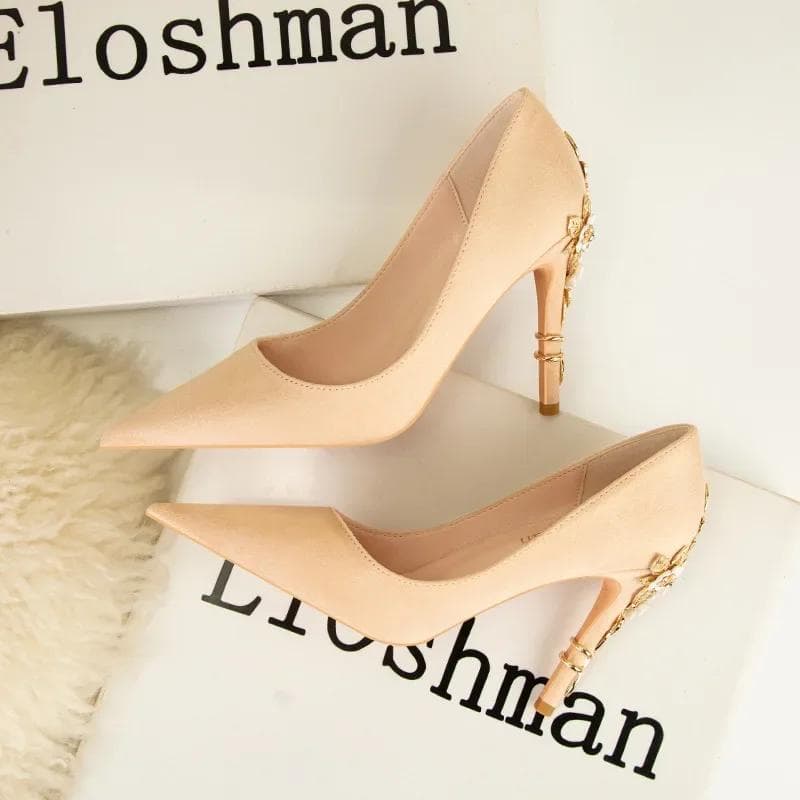 High End Metal Flower High Heels New European American Fashion Luxury Sexy Pointed Women's Shoes Banquet Party Casual Shoes 38 nude