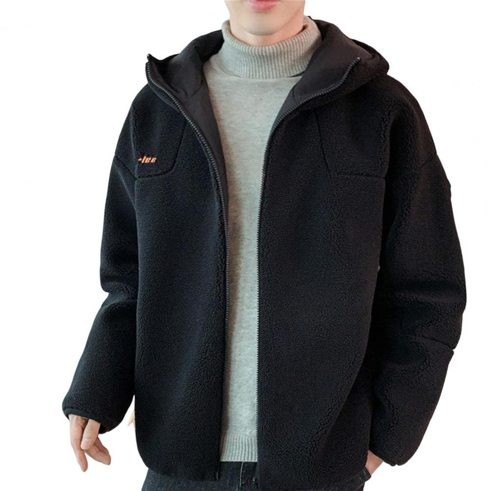 Men Jacket Coat Hooded Long Sleeve Embroidery Letter Print Solid Color Coat Zipper Placket Thick Fleece Warm Winter Outwear M black