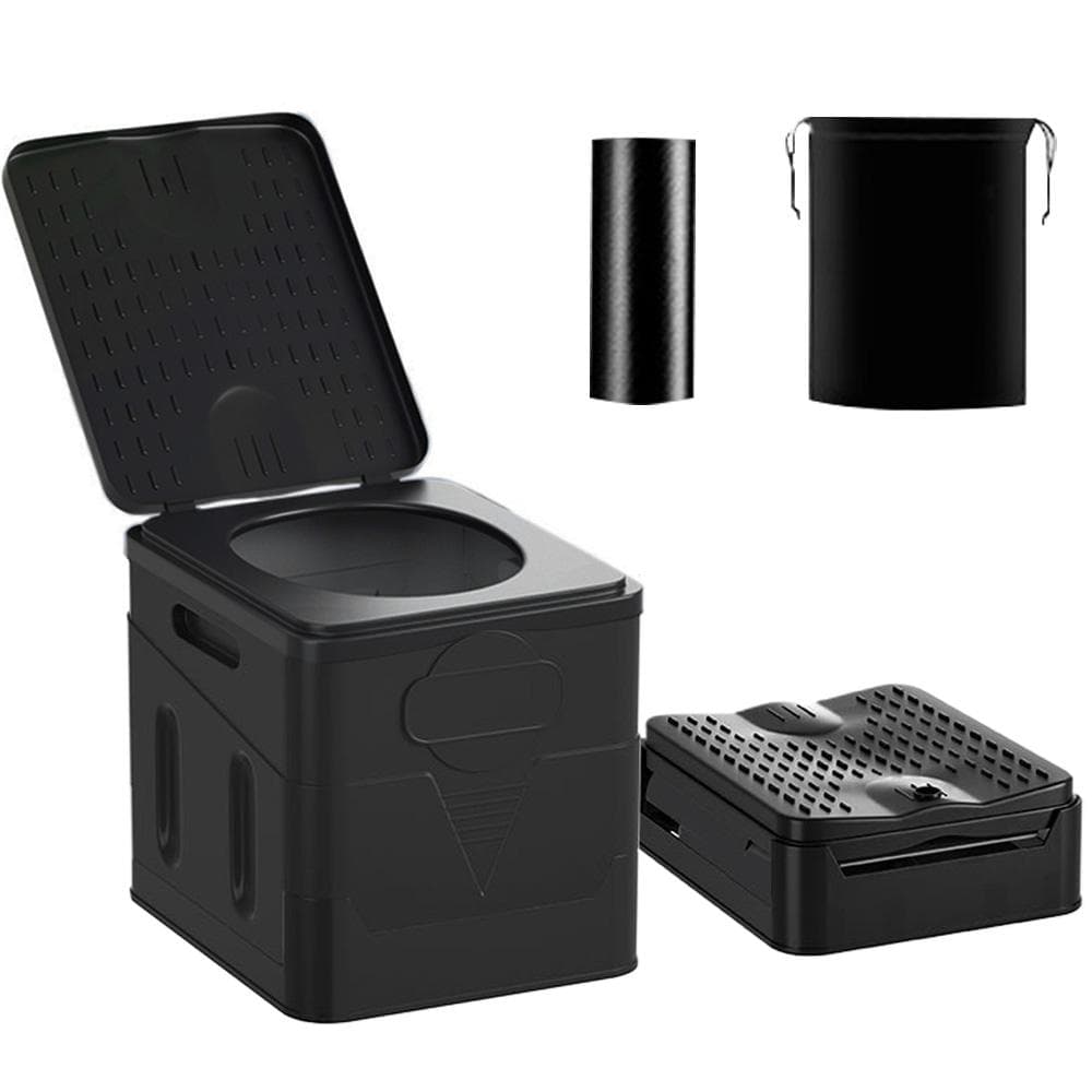 Portable Folding Toilet Outdoor Camping Potty with Lid for Camping Hiking Travel Toilet with Garbage Bag and Storage Bag black