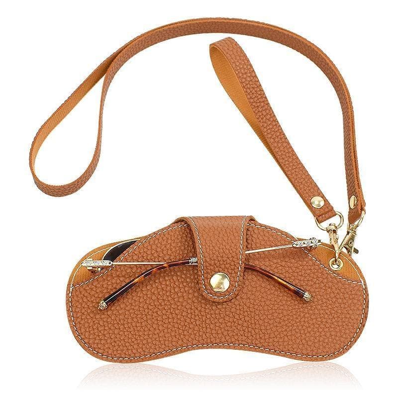 Glasses Case Portable Neck Hanging Soft Leather Scratch Wear Resistant Glasses Bags PU Leather Glasses Holder wrist+neck brown