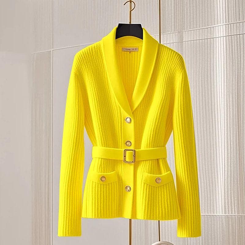 Fashion Women V-Neck Cardigan Sweaters Jacket Women's Autumn New Elegant Casual Coat Female Long Slim Knitted Ladies L yellow