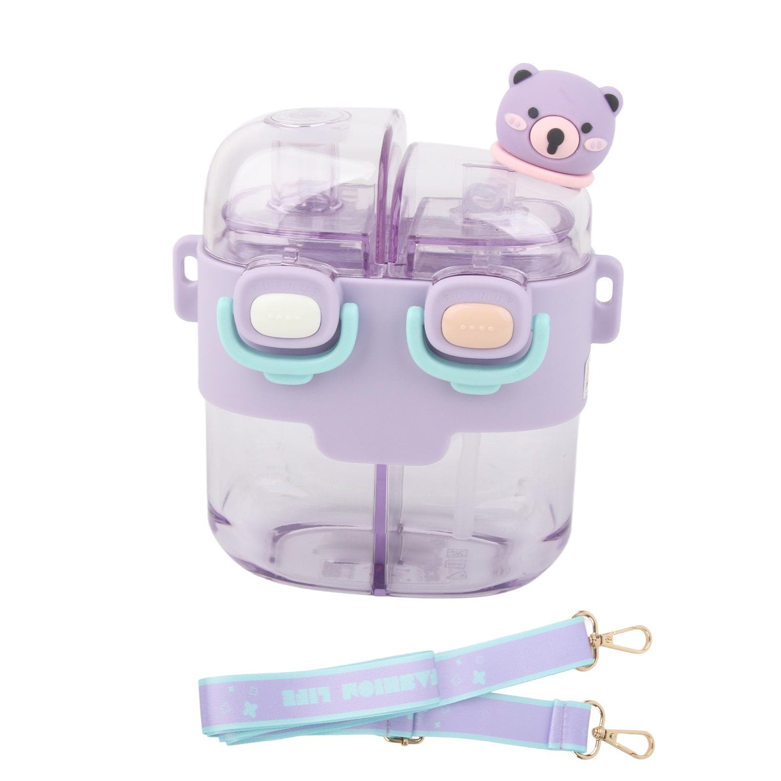 Kawaii Water Bottle Fashion Plastic Double Drinking Water Bottle with Straw Adjustable Strap for Lavender 530ml purple