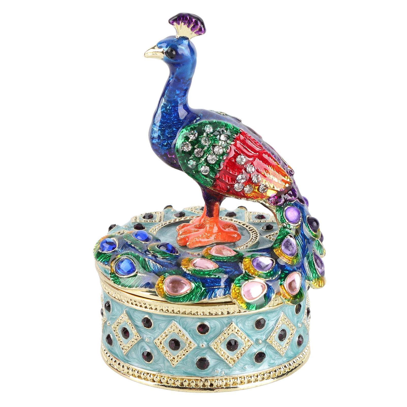 Peacock Figurine Hinged Jewelry Storage Box Desktop Zine Alloy Decoration Ornament