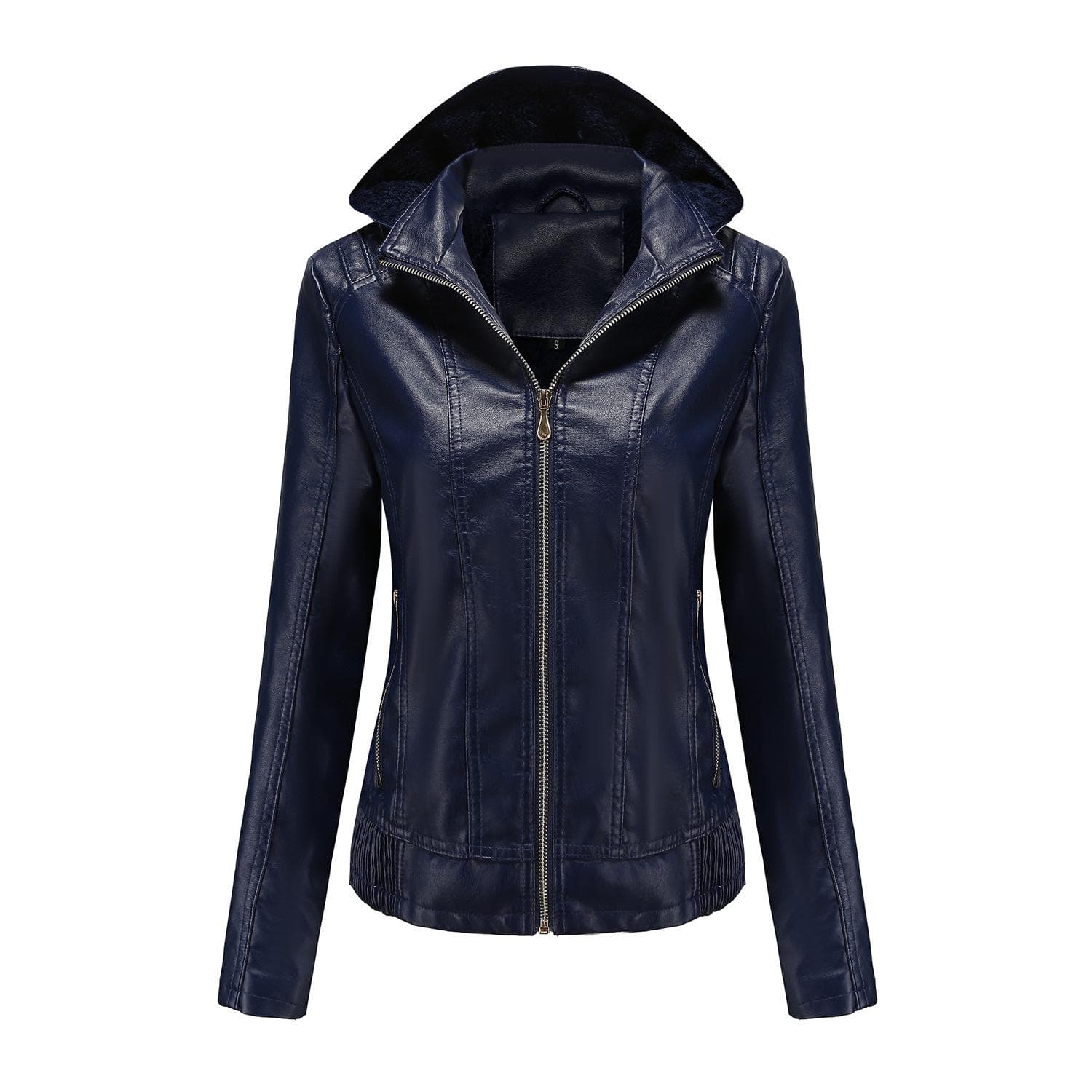Autumn and Winter Hooded Leather Jacket for Women with Detachable Hood, Zipper, Long Sleeves, Fleece Leather Jacket, European Size Slim Coat S