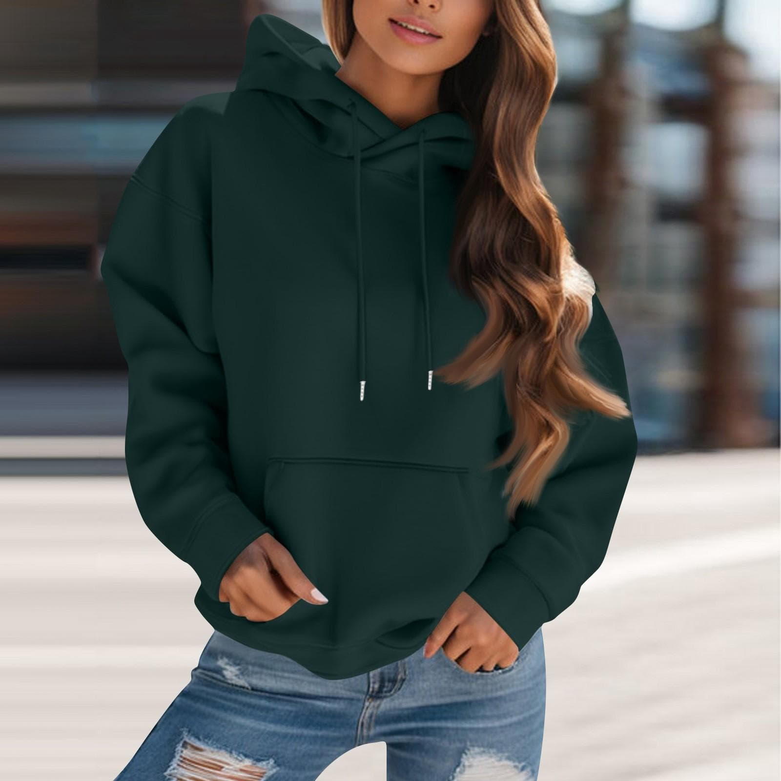 Women's Fashion Solid Color Hooded Drawstring Long Sleeve Loose Pullover Sweatshirt Top L dark green