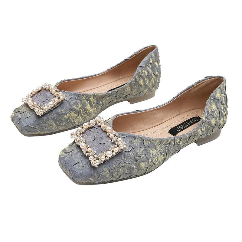 New Temperament Square Buckle Snowflake Rhinestone Pressed Pleated Satin Shallow Mouth Square Toe Metal Single Shoes Flat Scoop Shoes 33