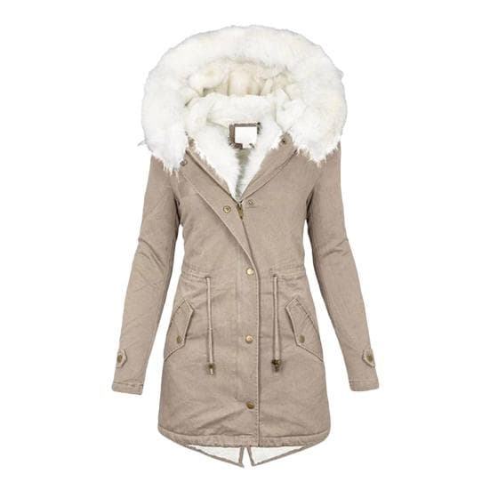 Women Winter Cotton Coat Plus Size Faux Fur Hood Fleece-lined Zip-up Press Button Closure Jacket Windproof Mid Length Slim Fit Outerwear M khaki