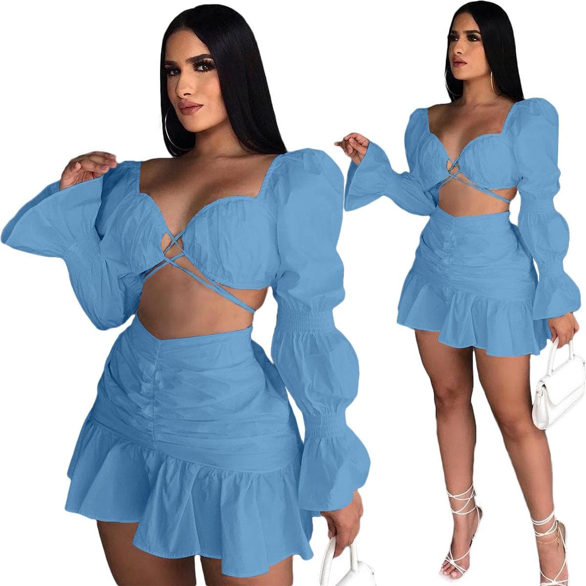 Women Skirts Set Solid Bandage Puff Sleeve Crop Tops Mini Skirt Two 2 Piece Sets Sexy Night Clubwear Fashion Outfit Fall M