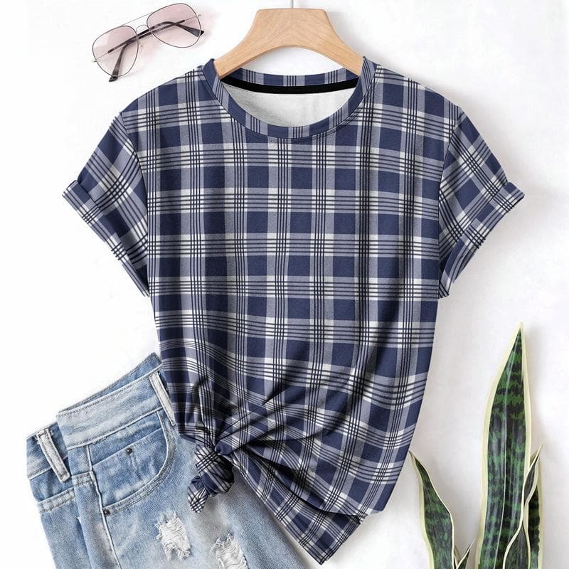 Striped Casual Sports Women's T-shirt Summer Round Neck Short Sleeved Element Pattern Checkered Loose Fit T-shirts 5XL