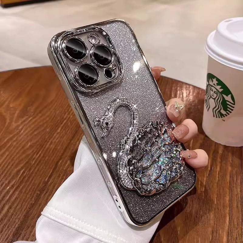 Glitter Pink Diamond Swan Suitable for Apple 16Pro Gradient Phone Case IPhone 15 Anti-fall Lens Film 14 Protection Case iPhone11 silver