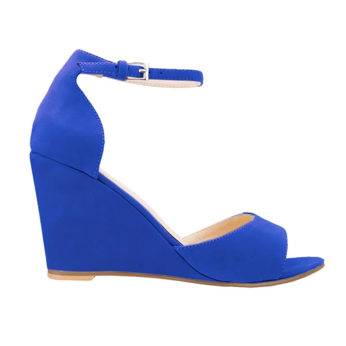 Women's 80mm Open Toe Ankle Strap Buckle Wedge High Heels Sandals Party Wedding Dress Ladies Sexy Shoes LOSLANDIFEN 35 blue