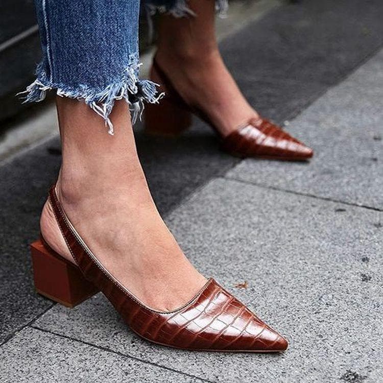 Leather Vintage Pointed Toe Women Shoes Pumps Spring Summer Party Dancing Slingback Heel Sandals 40 brown