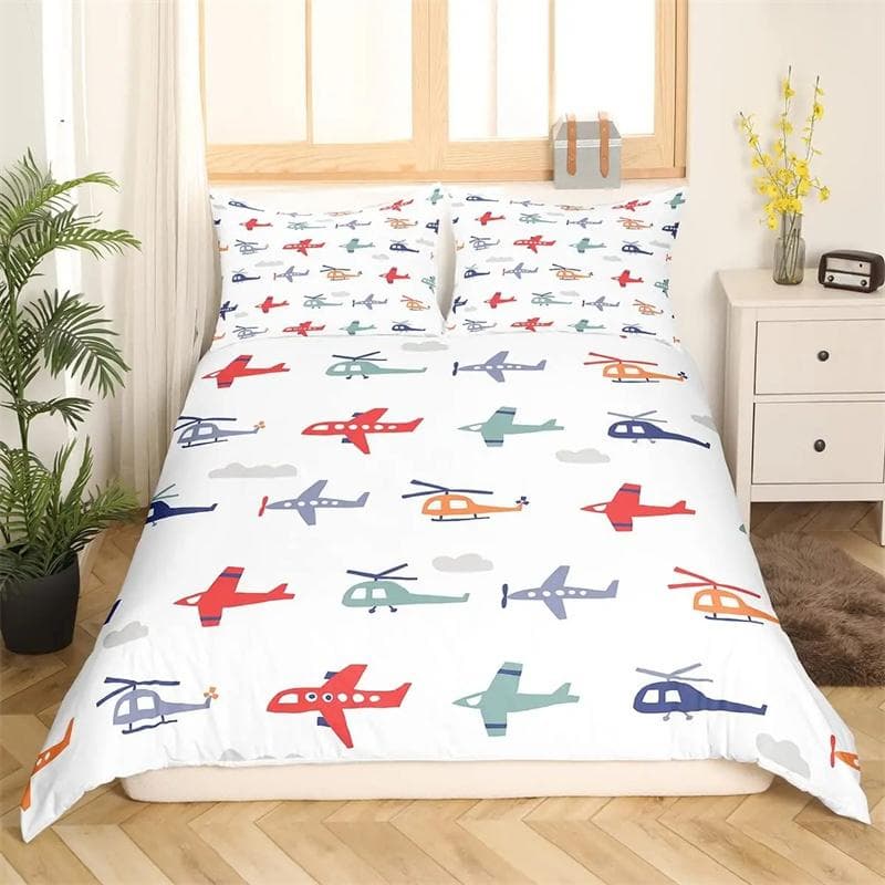 Airplane Duvet Cover Planes Fying In Air Aviation Airport Helicopters and Jets Cartoon Style Room Decorative for Boys Girls Gift 135x200cm 2pcs