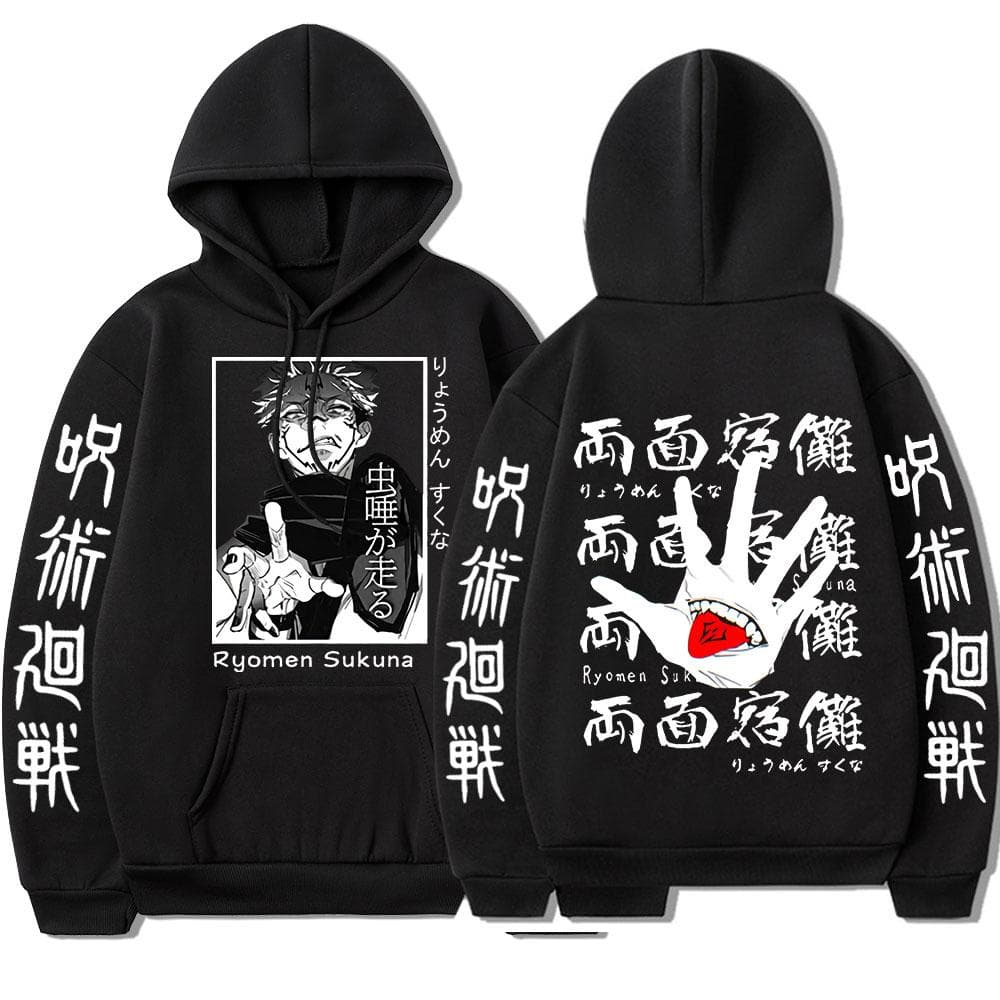 Japan Anime Jujutsu Kaisen Double Sided Print Hoodie Casual Loose Long Sleeve Men Sweatshirt Manga Ryomen Sukuna Pullover Streetwear S black