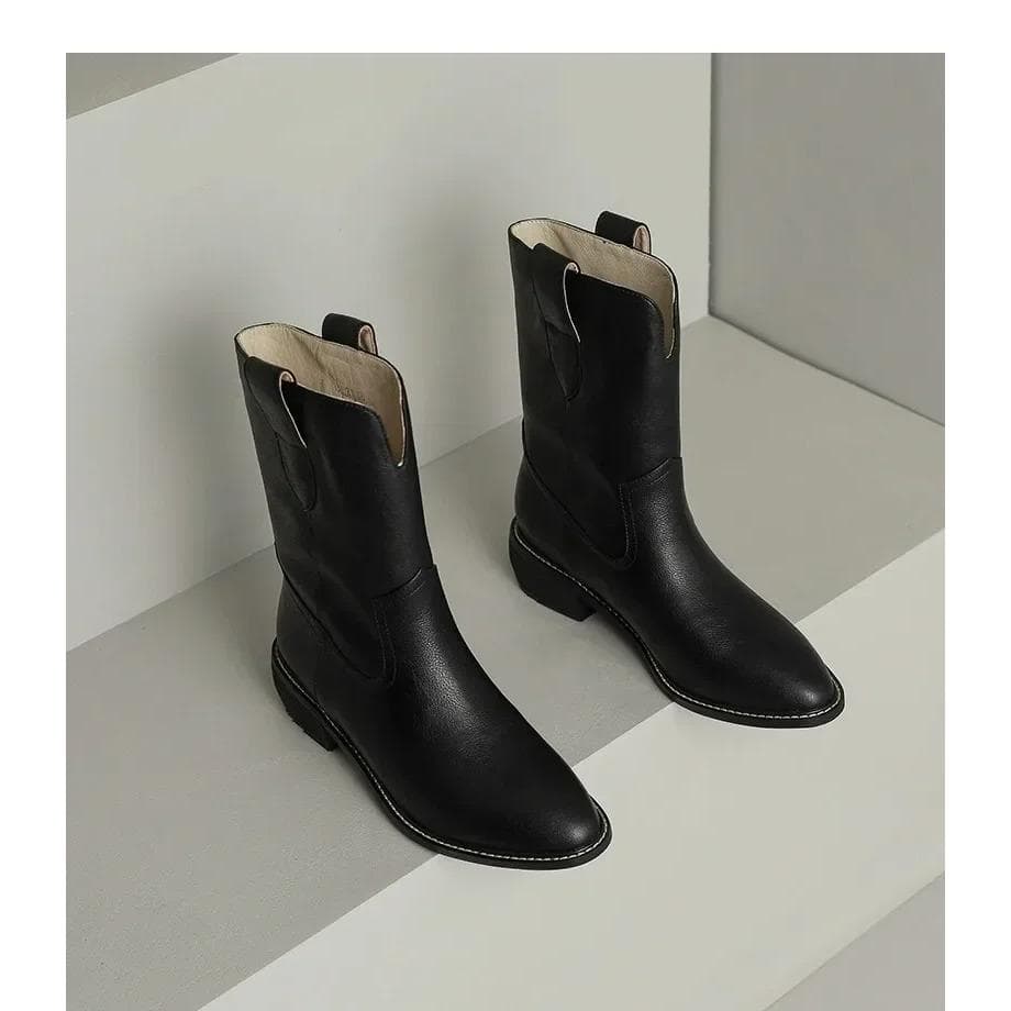 New Mid Calf Boots Women Autumn Fashion Slip on Ladies Black Chelsea Pointed Toe V-neck Western Knight Boots Shoes 35 black