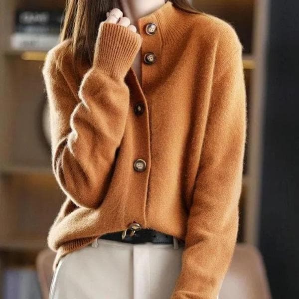 Women`s Knit Sweater Cardigan Autumn and Winter Vintage Fashion Stand Collar Button Cashmere Cardigan Jacket Casual Women`s Sweater S brown