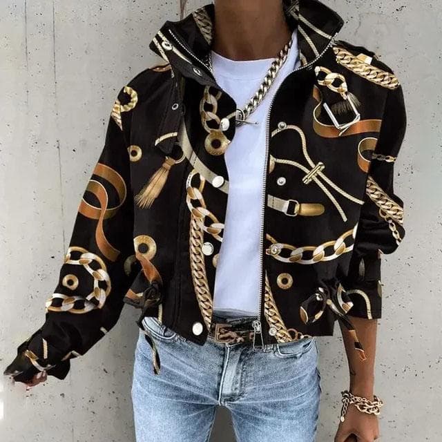 Women's Jacket Printed Workwear Long Sleeve Drawstring Coat Short Windbreaker XL black