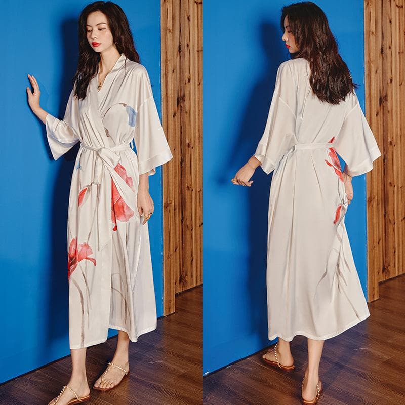 Plus Size Female Long Robe Sleppwear Print Flower Kimono Bathrobe Gown Loungewear Spring Summer Loose Casual Satin Home Dress One size