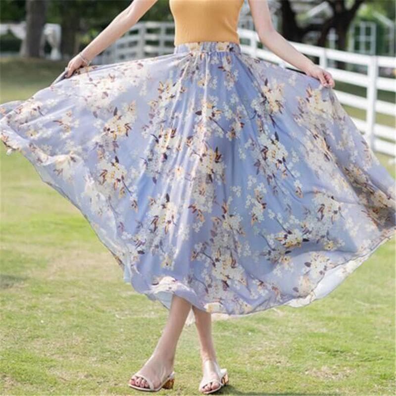 Women Chiffon Half-body Dress 2025 Spring Summer New Floral Half-body Vacation Style Beach Skirt M grey