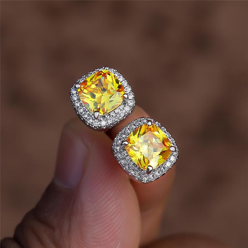 Luxury Small Silver Color Dainty Square Stone Cubic Zirconia Stud Earrings For Women Wedding Earrings yellow