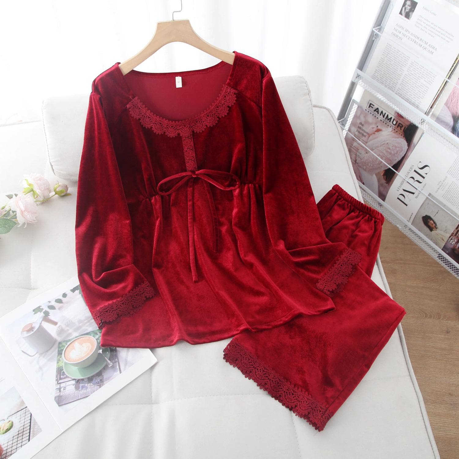 Velvet Long Sleeved Pants Pajamas Loose Casual Solid Color Sleepwear Autumn Winter Velour Nightwear Women's Round Neck Homewear XL red