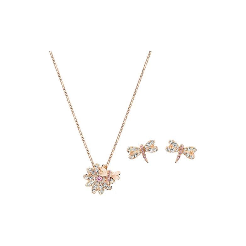 Swarovski Love Garden Flower Dragonfly Necklace And Earring Set Women Jewelry Pink 5518141 Box (Random Color)