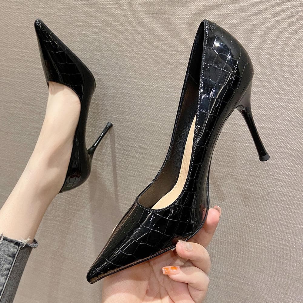 Korean Style Plaid Patent Leather High Heel Shoes Pointed High Heel Pumps Women's Fashion Temperament Party Shoes 40